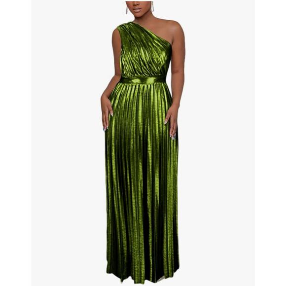 Aomei Dresses & Skirts - AOMEI Women's Luxury Metallic One Shoulder Sleeveless Elegant Pleated Long Dress